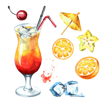Tequila sunrise cocktail set with cherry, orange,  ice cubes and cockail decor elements. Watercolor hand drawn illustration,  isolated on white background