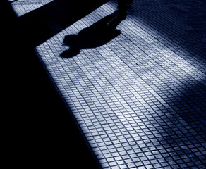 Night shadow of a man on patterened sidewalk - 238605424