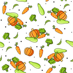 Colourful seamless pattern with healthy food icons. Vector vegetables background with carrot, pumpkin, zucchini, broccoli for cooking blog, menu, cafe, restorant