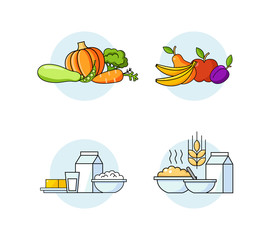 Vector organic food set: vegetables, fruits, milk products, meat, porridge. Healthy meal. Cartoon set for menu infographic, food service, dairy, beverages, gastronomy, health food, logo and pack.