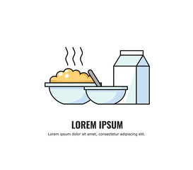 Vector illustration of porridge with milk in a plate. healthy organic breakfast in deep bowl. Hot Cereal with bouwls, spoon, gable top package with flat style illustration of a healthy food.