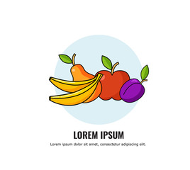 Vector of Healthy Food design with fruits: banana, apple, pear, prunes. Vector illustrationt for menu infographic, food service, dairy, beverages, gastronomy, health food, logo and pack.