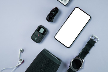Gadgets and different devices with empty screenes mockup set. Flat lay style.