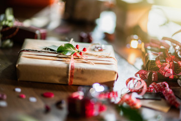 Christmas time. close-up of ribbon gifts and decorations 