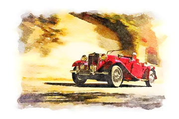 Selbstklebende Fototapeten Red vintage roadster car, watercolor digital art. © Arcansél