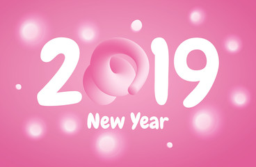2019 Happy New Year greeting banner with Pink Pig Tail in a shape of number. A symbol of the Chinese 2019 year.