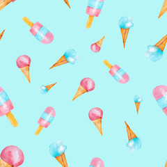 Seamless pattern with watercolor ice cream