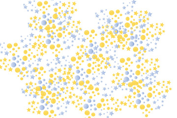 Festive background with confetti. Golden and light blue stars and circles. Abstract template for holiday parties, banners, posters, carnivals, children's parties, birthdays, greeting cards.