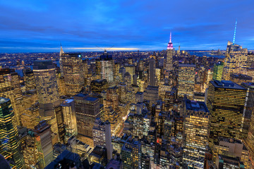 New York City skyline with urban skyscrapers at night