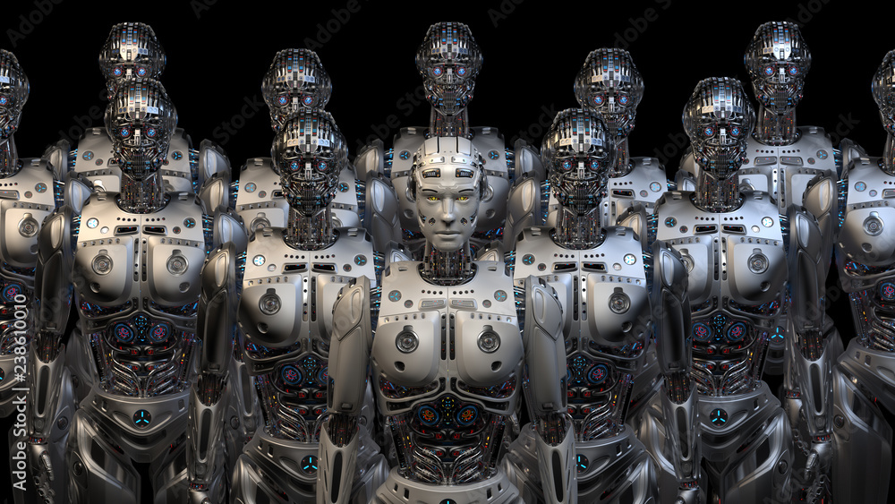 Poster futuristic robot army or group of cyborgs standing on black background. 3d render.
