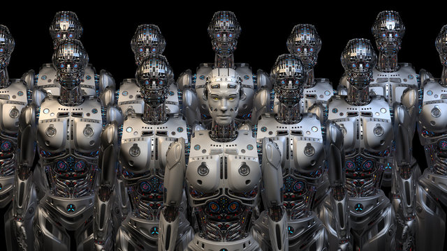 Futuristic robot army or group of cyborgs standing on black background. 3D Render.