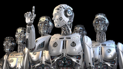 Futuristic robot army or group of cyborgs standing with their leader pointing his finger towards the sky. Isolated on black background. 3D Render