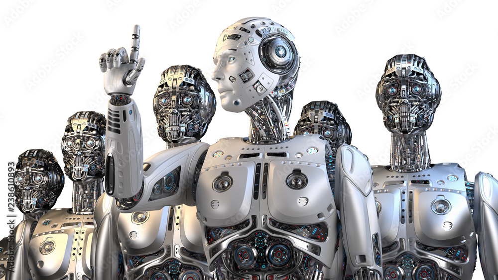 Poster futuristic robot army or group of cyborgs standing with their leader pointing his finger towards the