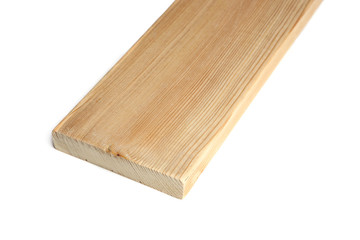 Larch wood plank board isolated on white background. Wood plank close up view.