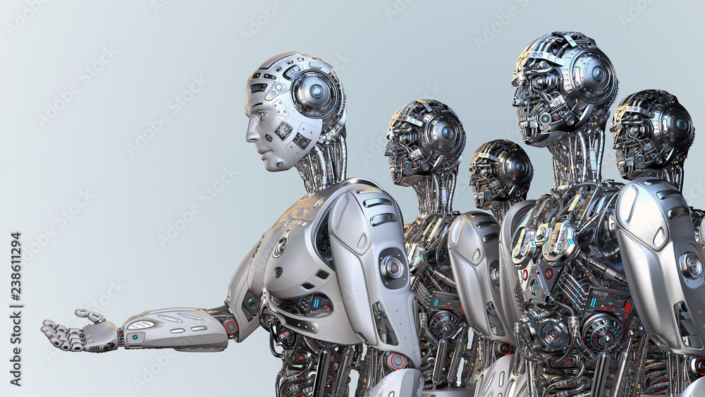 Aufkleber group of robots or army of cyborgs offering a helping hand or asking for help. isolated on blue back