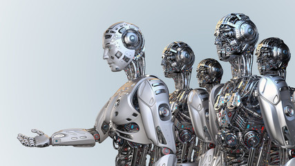 Group of robots or army of cyborgs offering a helping hand or asking for help. Isolated on blue background. 3D Render.