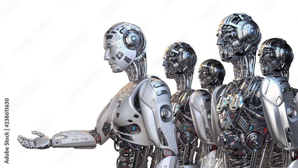 Fototapete group of robots or army of cyborgs offering a helping hand or asking for help. isolated on white bac