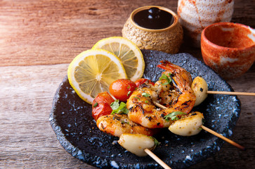 Skewers Barbeque grilled prawns.