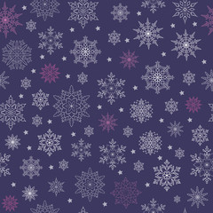 Vector seamless pattern of snowflakes and stars on a purple background. Thin delicate lines silhouettes of different snow elements. New year ornament.