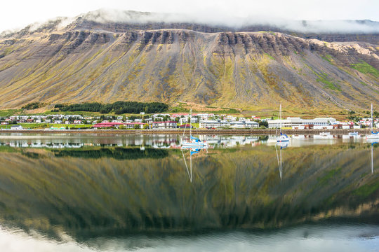 Fjord reflection on the water at Isafjordur, Iceland