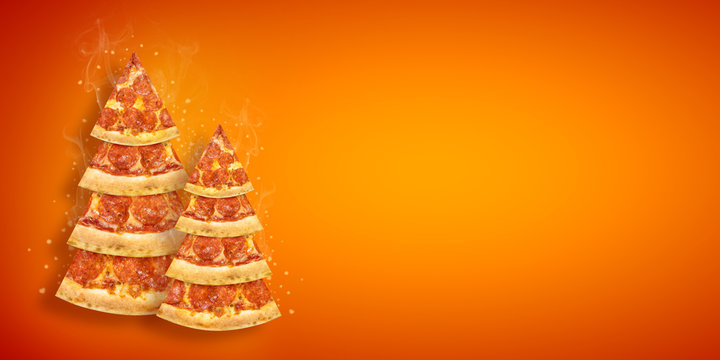 Christmas promotion flyer with pizza slice in shape of Christmas tree with copy space. Creative concept new year poster pizza - Powered by Adobe