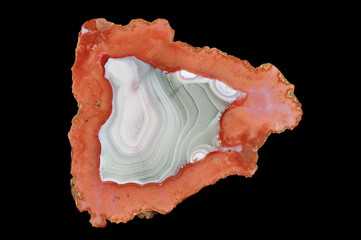 A cross-section of agate. Red shades in the outer part. In the center a snow-white chalcedony is...