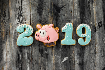 Top view image of christmas gingerbread cookies with funny pig and new 2019 year numbers at wooden...