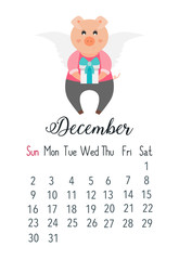 Vector cartoon style illustration of December 2019 year cute calendar page with pink pig with a present . Template for print.