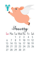 Vector cartoon style illustration of January 2019 year cute calendar page with pink pig flying with a gift . emplate for print.