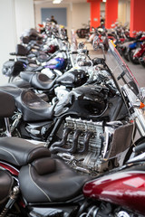 Fototapeta premium Line from used classic motorcycles is in bike store. Close-up view, seats of choppers