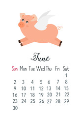 Vector cartoon style illustration of June 2019 year cute calendar page with pink pig flying with angel wings.Template for print.
