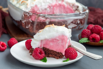 Piece of baked Alaska with chocolate sponge cake, raspberry ice cream and meringues, on white plate, horizontal