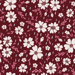 White heart flowers with pink leaves on red background floral seamless vector pattern
