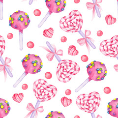 Fototapeta na wymiar Watercolor seamless pattern with cakepops and pink Lollipop with flowers, ribbon