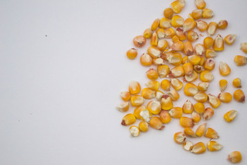 A pile of corn on a gray background from above