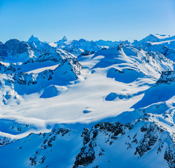 Winter panorama landscape from Mont Fort and famous Matterhorn, Dent d'Herens, Dents de Bouquetins, Weisshorn; Tete Blanche in the background, Verbier, 4 Valleys,