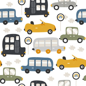 Seamless pattern with funny cars. Fashion kids print. Vector hand drawn illustration.