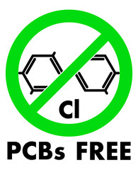 PCBs free icon. Polychlorinated biphenyls chemical molecule and letters Cl (chemical symbol for Chlorine) in green crossed circle, with text under.
