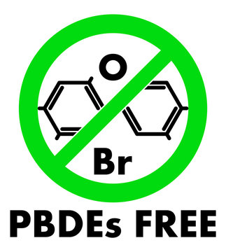 PBDEs free icon. Polybrominated diphenyl ethers chemical molecule and letters Br and O (chemical symbols for Bromine and Oxygen) in green crossed circle, with text under.