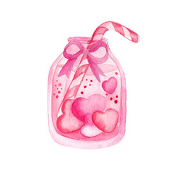 Watercolor illustration with a love potion and hearts