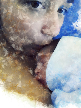 Mother kissing newborn baby boy digitally created watercolour image