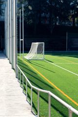 Soccer field and gate with an artificial turf field. Soccer background