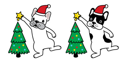 dog vector Christmas tree french bulldog Santa Claus hat Xmas star icon puppy cartoon character logo illustration
