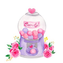 Watercolor illustration with candy machine and flowers on white background