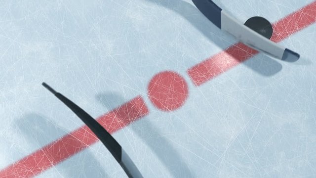 One Hockey Sticks Winning the Puck on Ice in Throw-in Zone. Slow Motion Close-up Beautiful 3d animation with and without DOF Blur and Lens Flares. Active Sport Concept. ID Mask. 4k Ultra HD 3840x2160.
