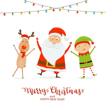 Happy Santa with Elf and Christmas Deer on White Background
