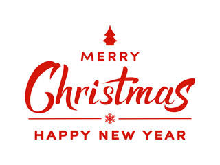 Merry Christmas red hand lettering text. Celebration winter sign for  winter holiday design, postcard, poster, invitation, banner and sticker. Holiday calligraphy. Vector illustration EPS 10.