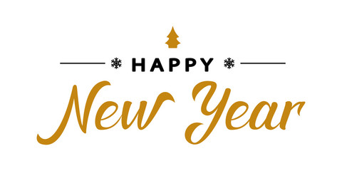 Happy New Year gold and black hand drawn lettering. Celebration text for winter holiday design, postcard, poster, invitation, banner and sticker. Holiday quotation in calligraphy. Vector illustration.