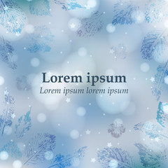 Winter background with text. Abstract background in blue and white colors with frozen leaves, lights and stars for banner, poster, card. Suitable for Christmas, New Year congratulation, sale. EPS 10