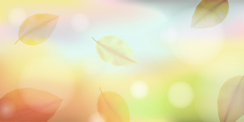 Autumn background blur with leaf fall. Abstract light rectangular background in blue, yellow, orange and brown tones for poster, card, postcard, banner, wallpaper. Vector EPS 10